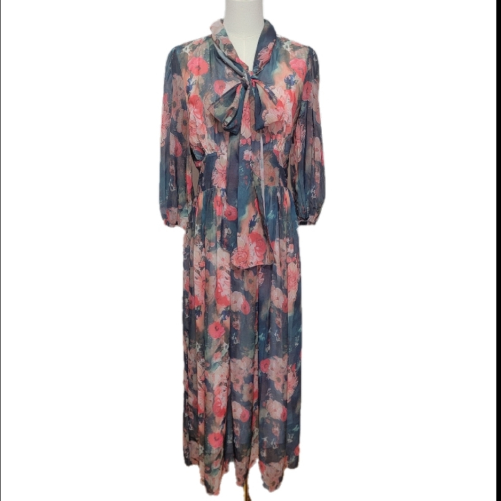 Dalia Macphee Large Long Sleeve Dress Tie-Front Chiffon Floral Maxi Cottagecore